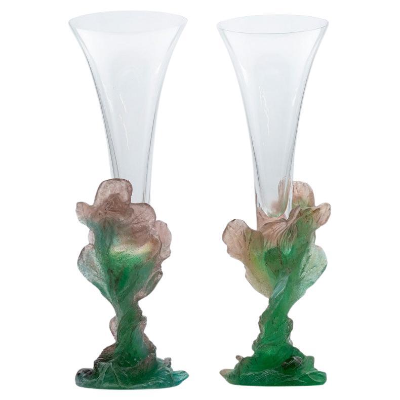 1 of the 2 Daum Art Glass Soliflore Vases, Flowers Pink Green, France