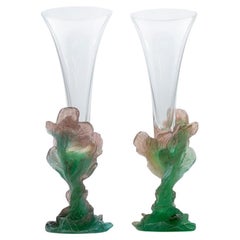 1 of the 2 Daum Art Glass Soliflore Vases, Flowers Pink Green, France
