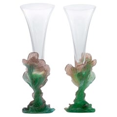 1 of the 2 Daum Art Glass Soliflore Vases, Flowers Pink Green, France