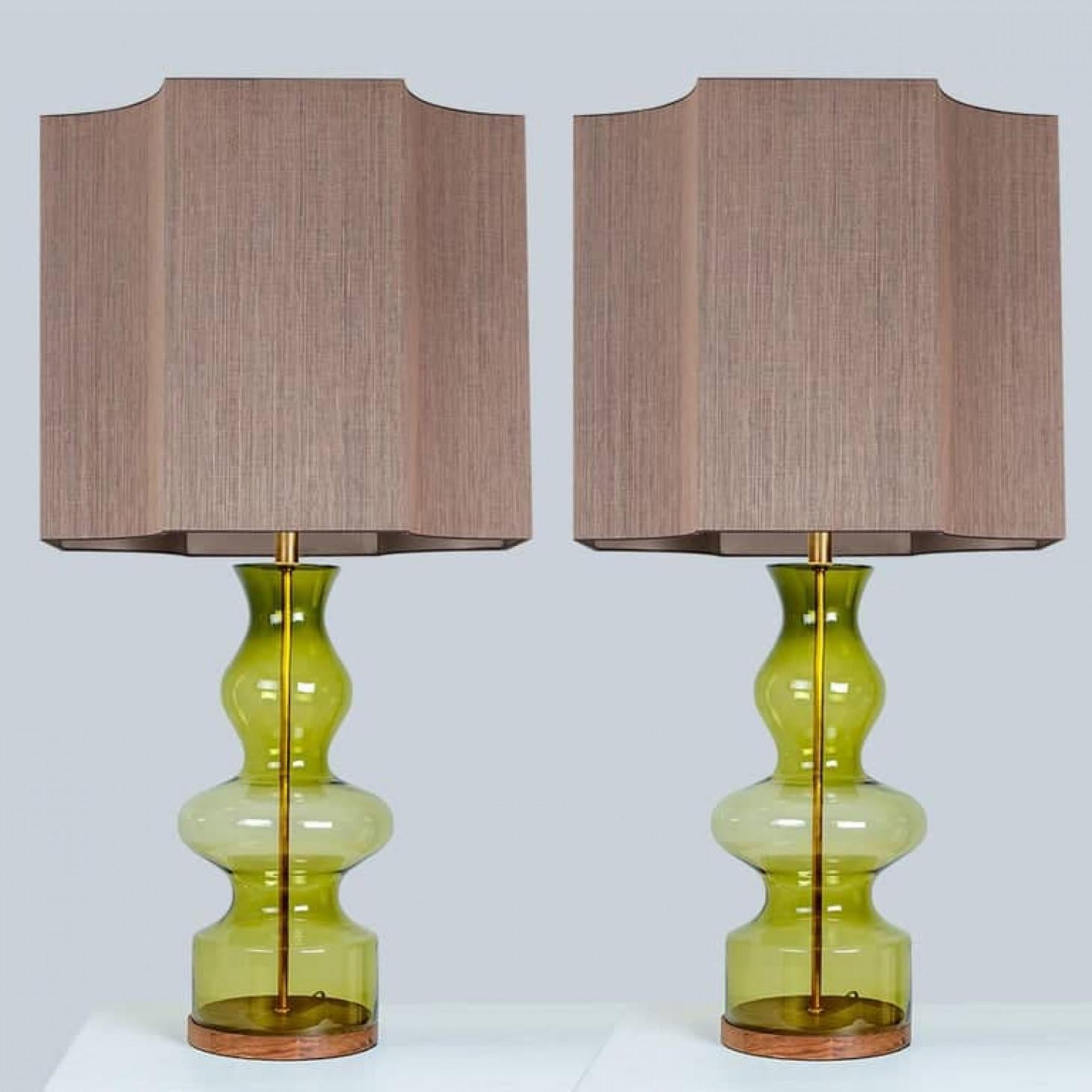 Dutch 1 of the 2 Extra Large Green Glass Shaped Table Lamps with Rattan Lampshades For Sale