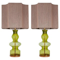 1 of the 2 Extra Large Green Glass Shaped Table Lamps with Rattan Lampshades