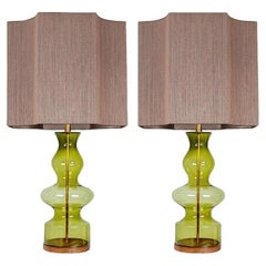 1 of the 2 Extra Large Green Glass Shaped Table Lamps with Rattan Lampshades