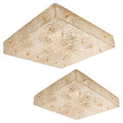 1 of the 2 Extra Large Textured Glass Square Flush Mount by Kalmar, Austria 1960