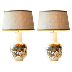 1 of the 2 Fish Motif Ceramic Floor Lamp with Silk Lampshade by R. Houben