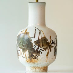 1 of the 2 Fish Motif Ceramic Floor Lamps with Rattan Lampshade by R. Houben