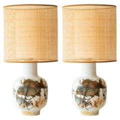 1 of the 2 Fish Motif Ceramic Floor Lamps with Rattan Lampshade by R. Houben