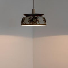 1 of the 2 Flat Round Brown Light Blue Ceramic Pendant Light, Denmark, 1970