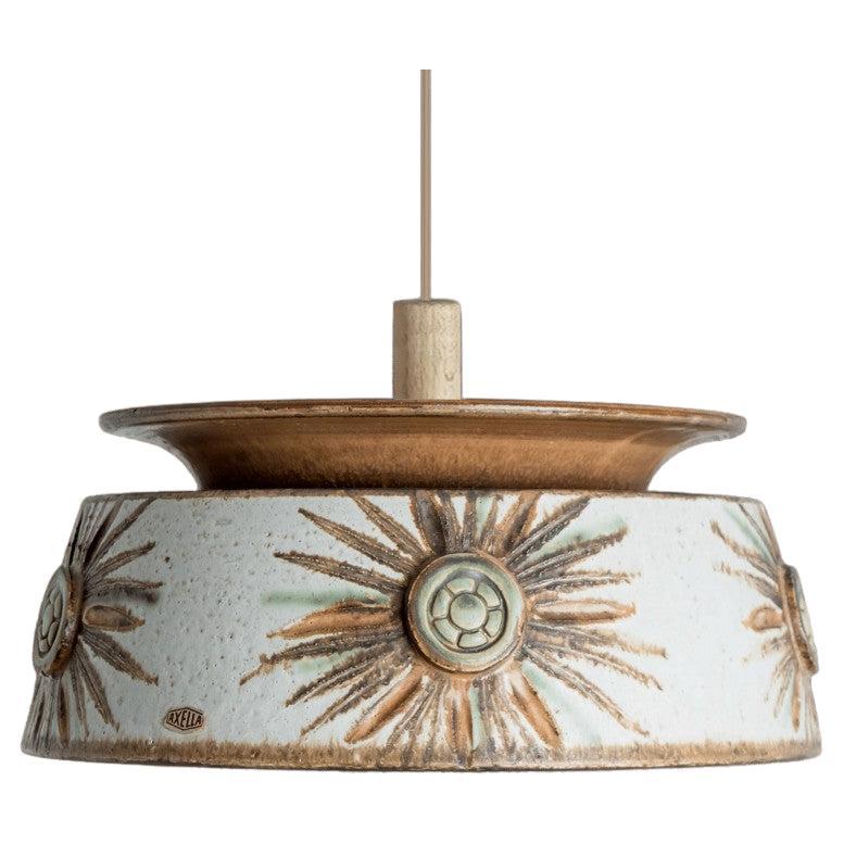 1 of the 2 Flat Round Brown Light Blue Ceramic Pendant Light, Denmark, 1970