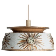 1 of the 2 Flat Round Brown Light Blue Ceramic Pendant Light, Denmark, 1970