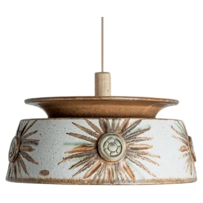 1 of the 2 Flat Round Brown Light Blue Ceramic Pendant Light, Denmark, 1970