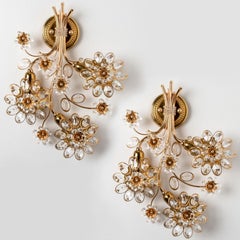 1 of the 2 Flower Crystal and Brass Wall Sconces by Palwa, 1960s, Germany