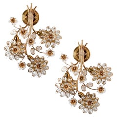 1 of the 2 Flower Crystal and Brass Wall Sconces by Palwa, 1960s, Germany