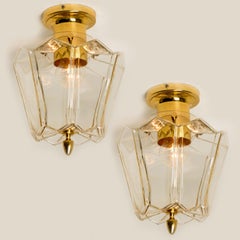 1 of the 2 Flower Shaped Clear Glass and Brass Flush Mounts by Limburg, 1970