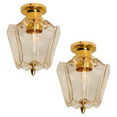 1 of the 2 Flower Shaped Clear Glass and Brass Flush Mounts by Limburg, 1970