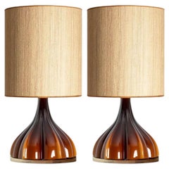 1 of the 2 Flower shaped Glass Table Lamps with Custom Shade Peill Putzler, 1970