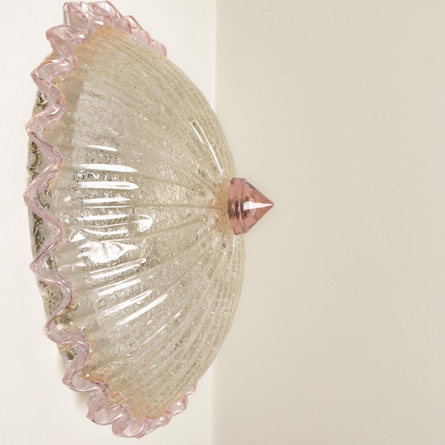 Italian 1 of the 2 Flush Mount with Pink and and Clear Murano Glass by Barovier & Toso For Sale