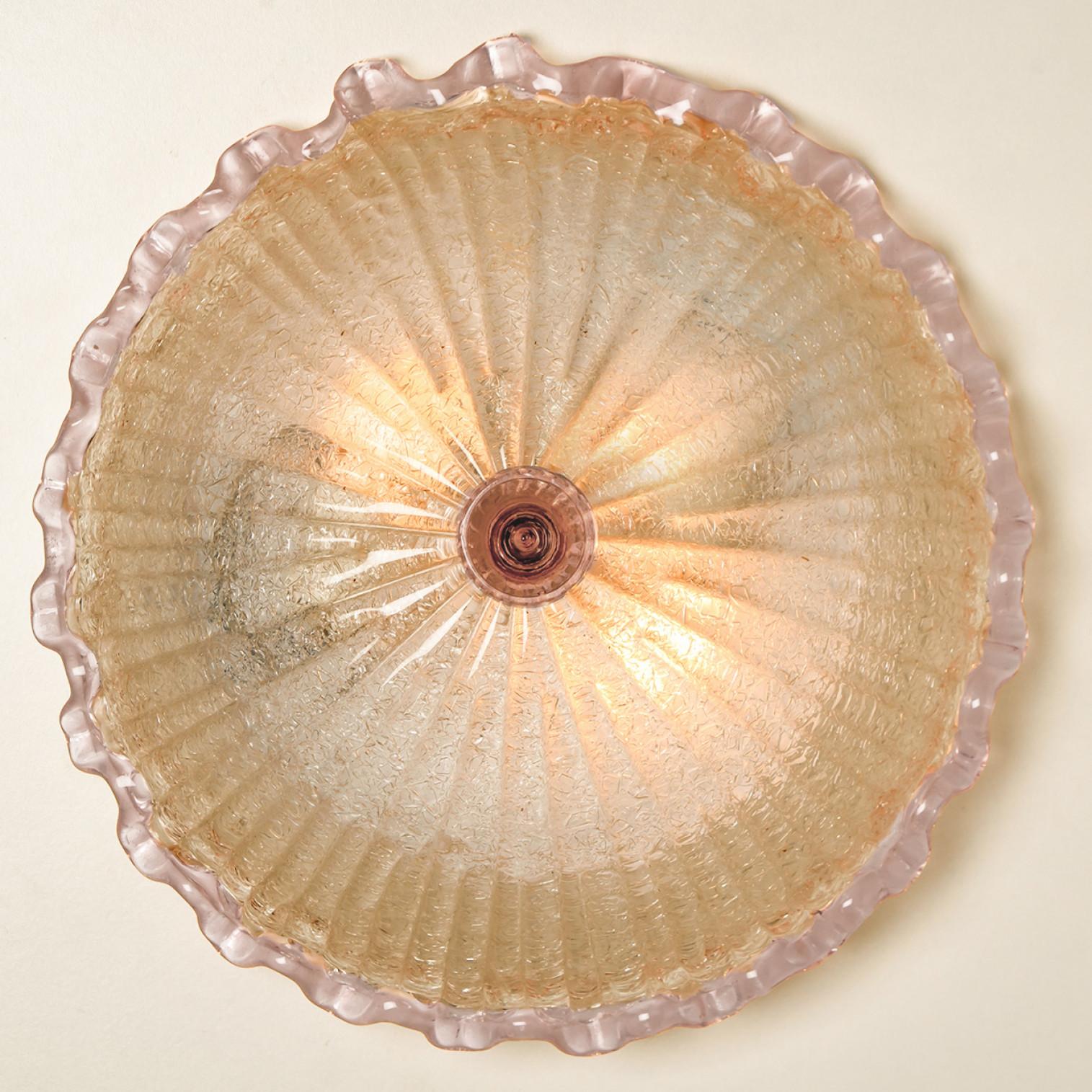 Brass 1 of the 2 Flush Mount with Pink and and Clear Murano Glass by Barovier & Toso For Sale