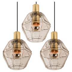 1 of the 2 Geometric Brass and Clear Glass Pendant Lights by Limburg, 1960