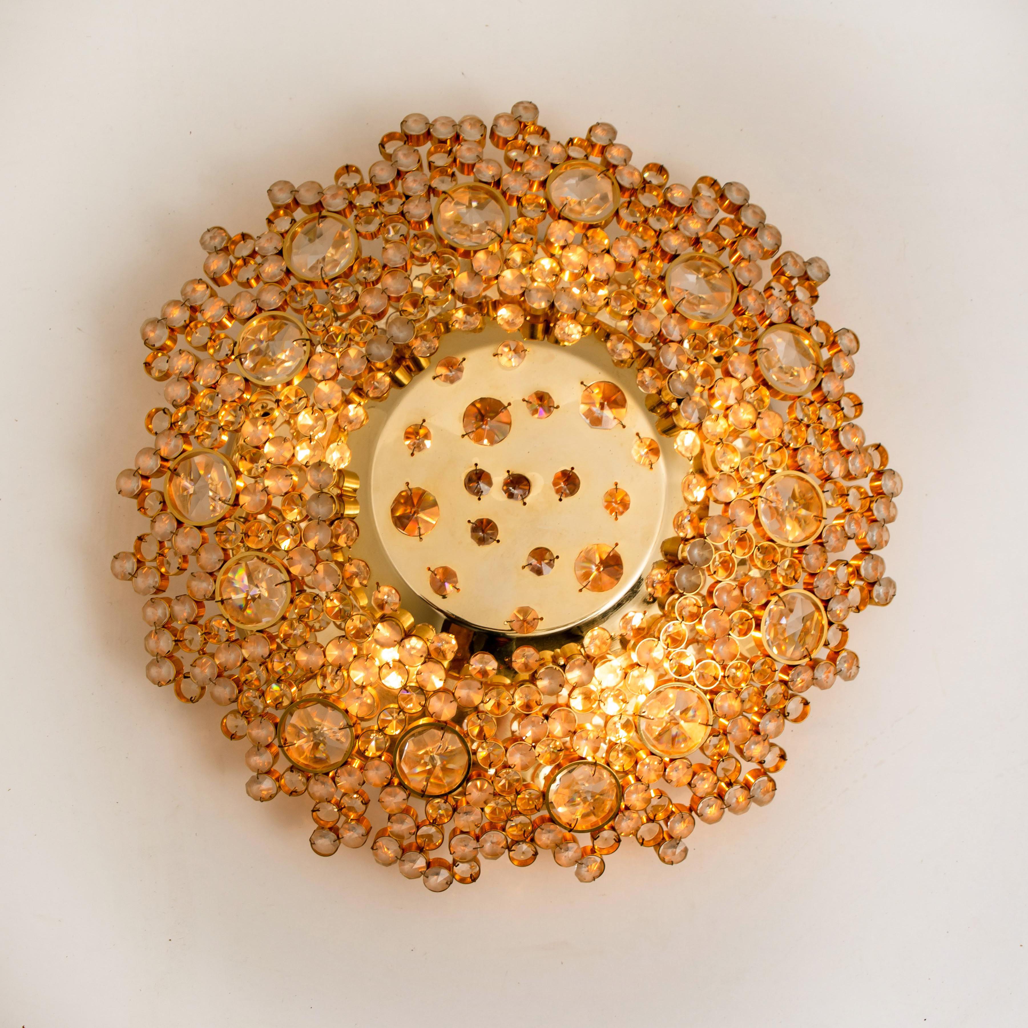 Mid-Century Modern 1 of the 2 Gilded Brass and Crystal Glass Flushmount Light by Palwa, 1960s