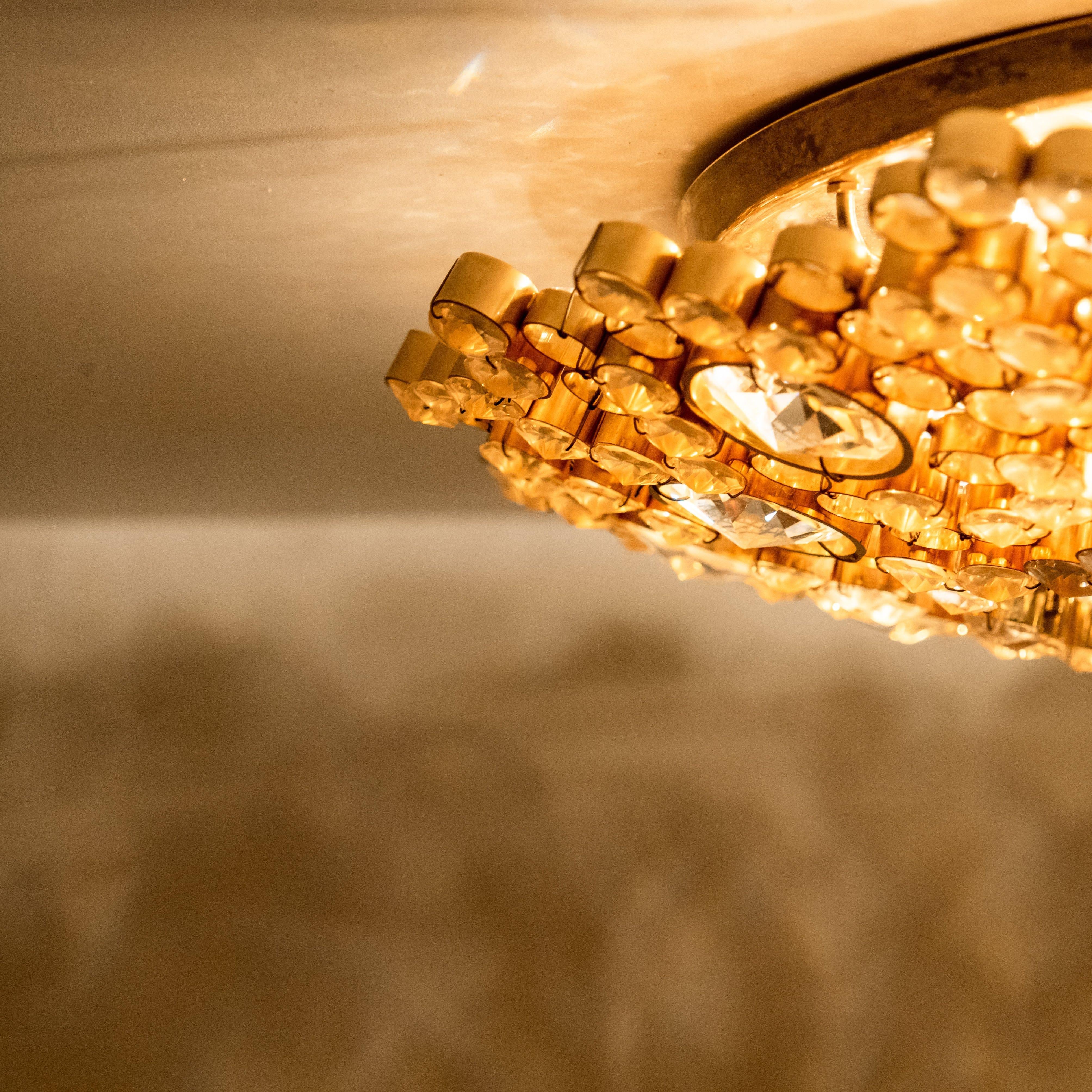 Gilt 1 of the 2 Gilded Brass and Crystal Glass Flushmount Light by Palwa, 1960s