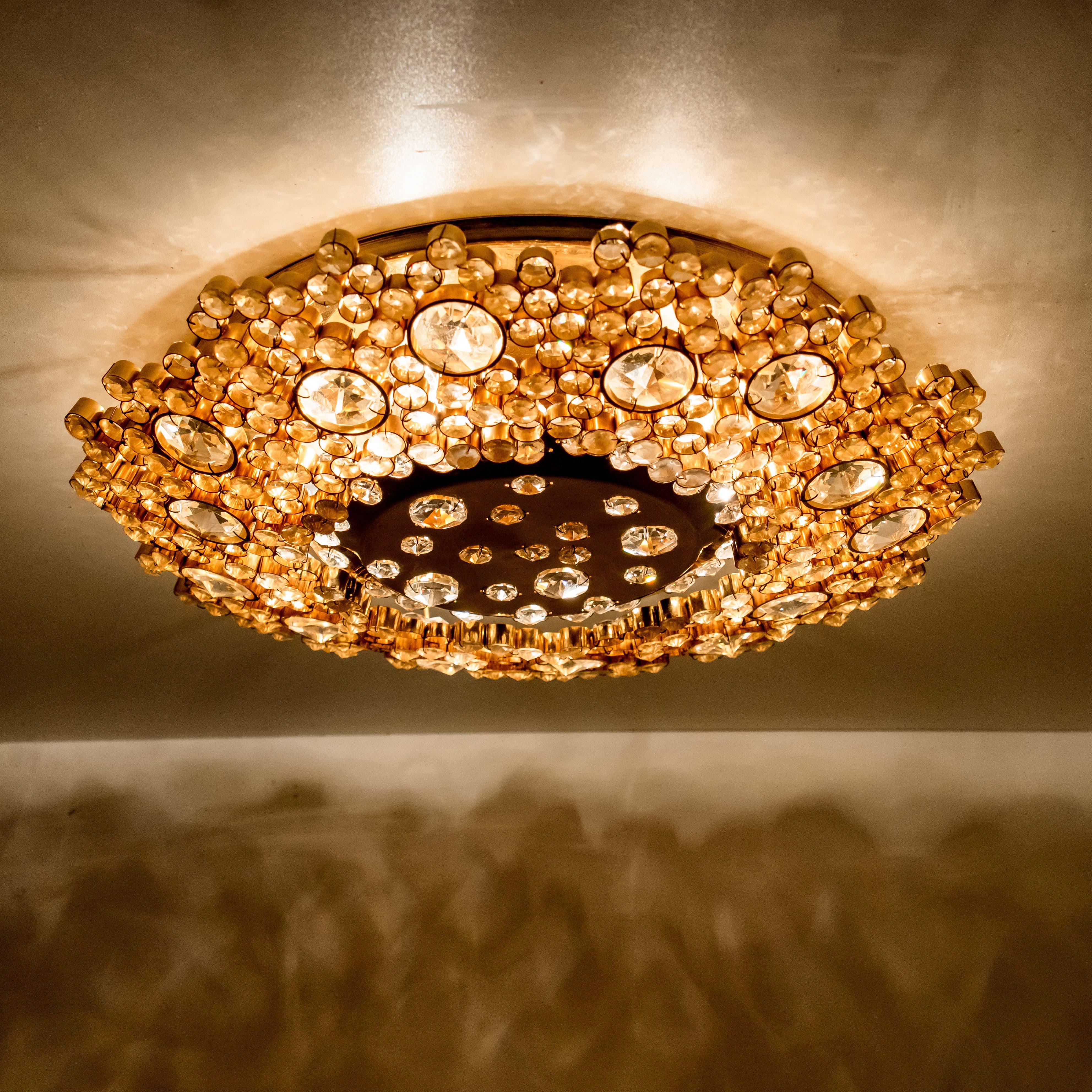 1 of the 2 Gilded Brass and Crystal Glass Flushmount Light by Palwa, 1960s In Good Condition In Rijssen, NL