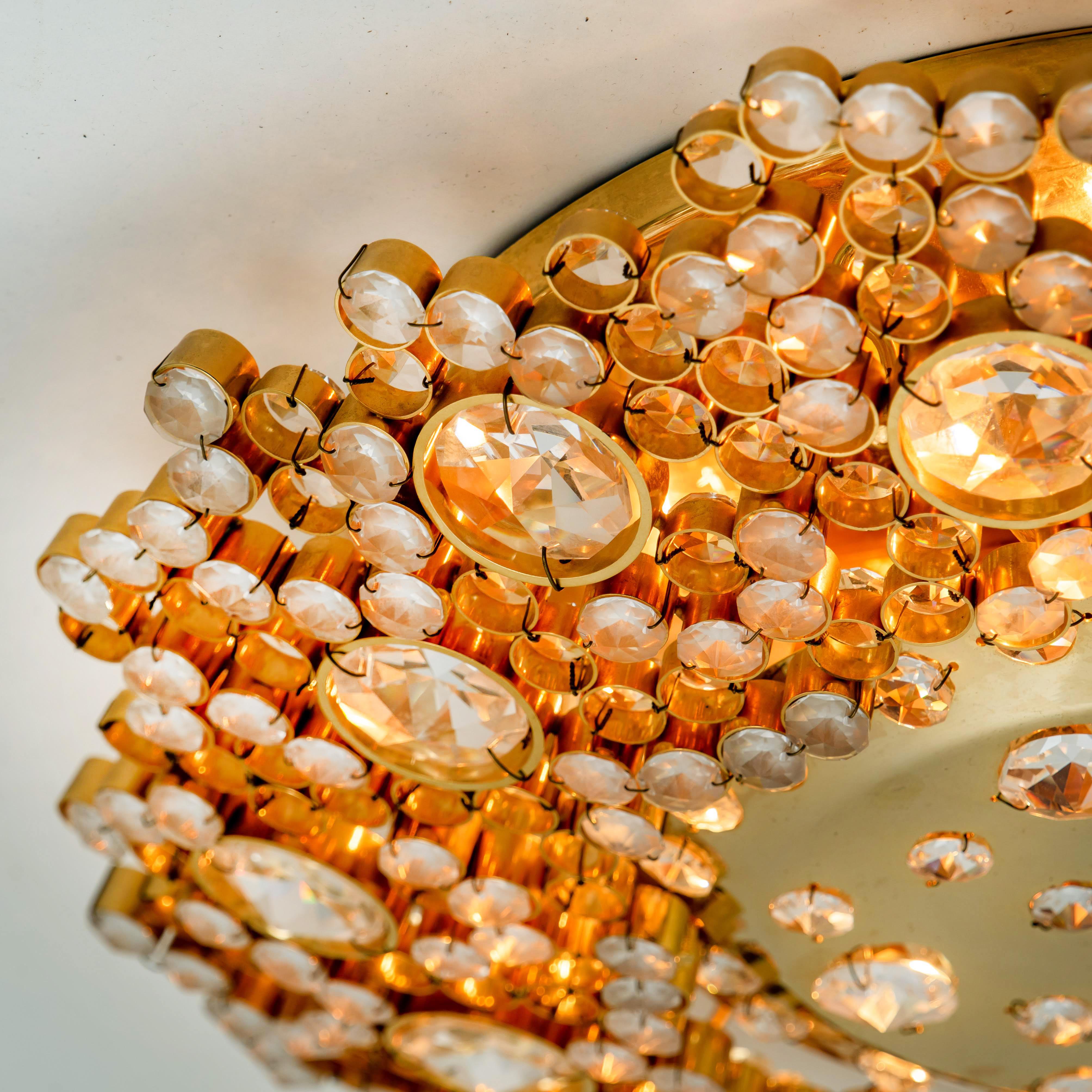 20th Century 1 of the 2 Gilded Brass and Crystal Glass Flushmount Light by Palwa, 1960s