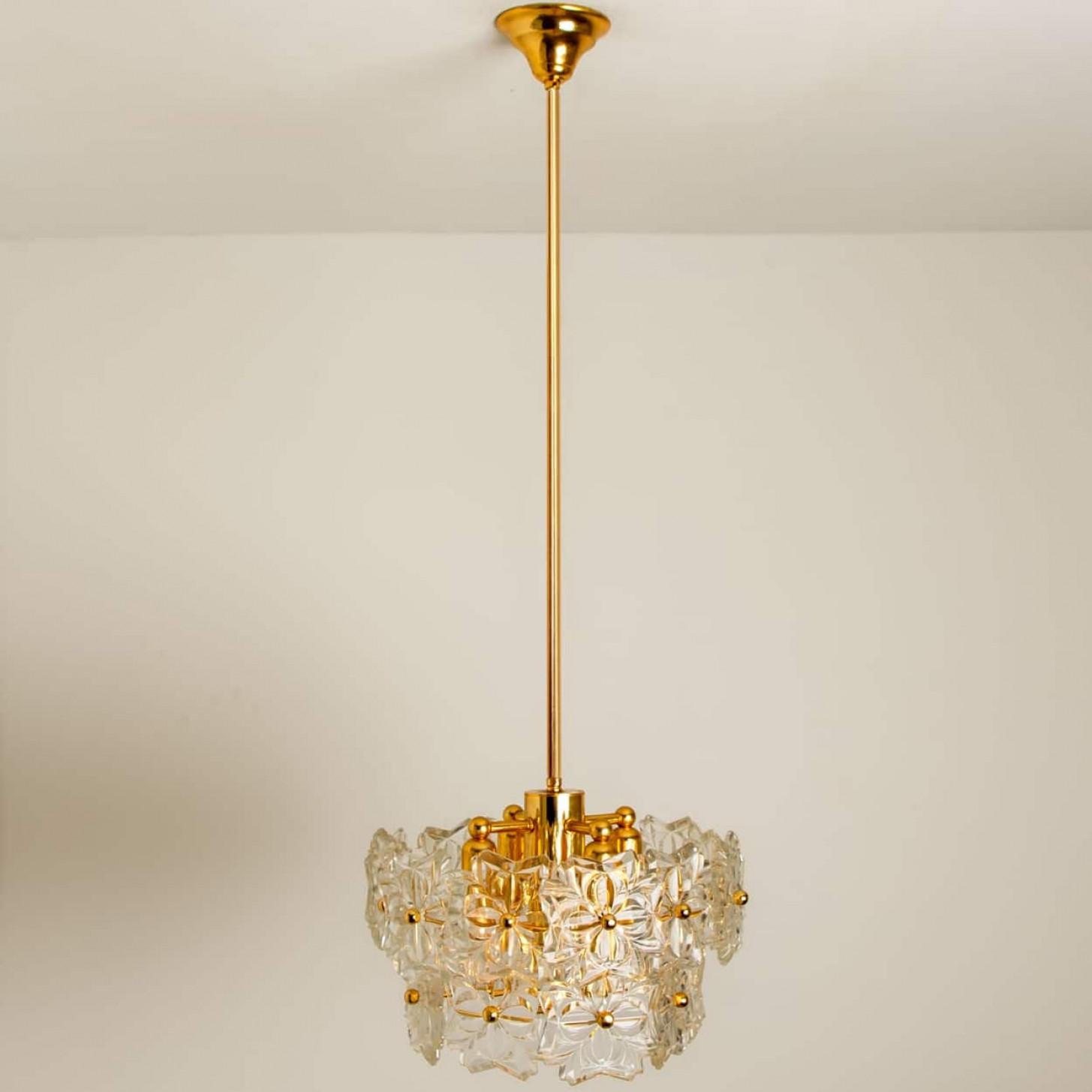 Mid-Century Modern 1 of the 2 Glass and Brass Floral Two Tiers Light Fixtures, 1960s For Sale