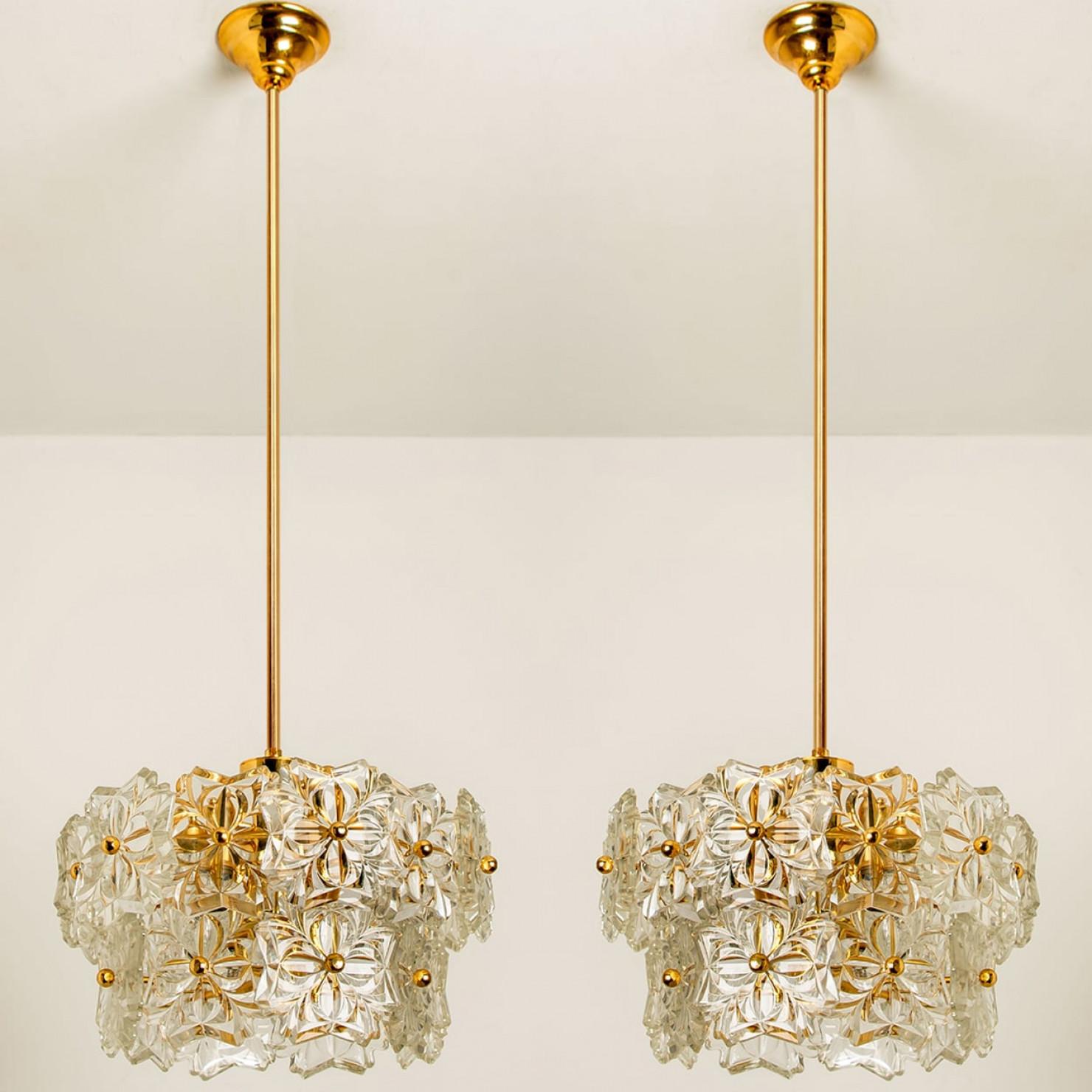 German 1 of the 2 Glass and Brass Floral Two Tiers Light Fixtures, 1960s For Sale