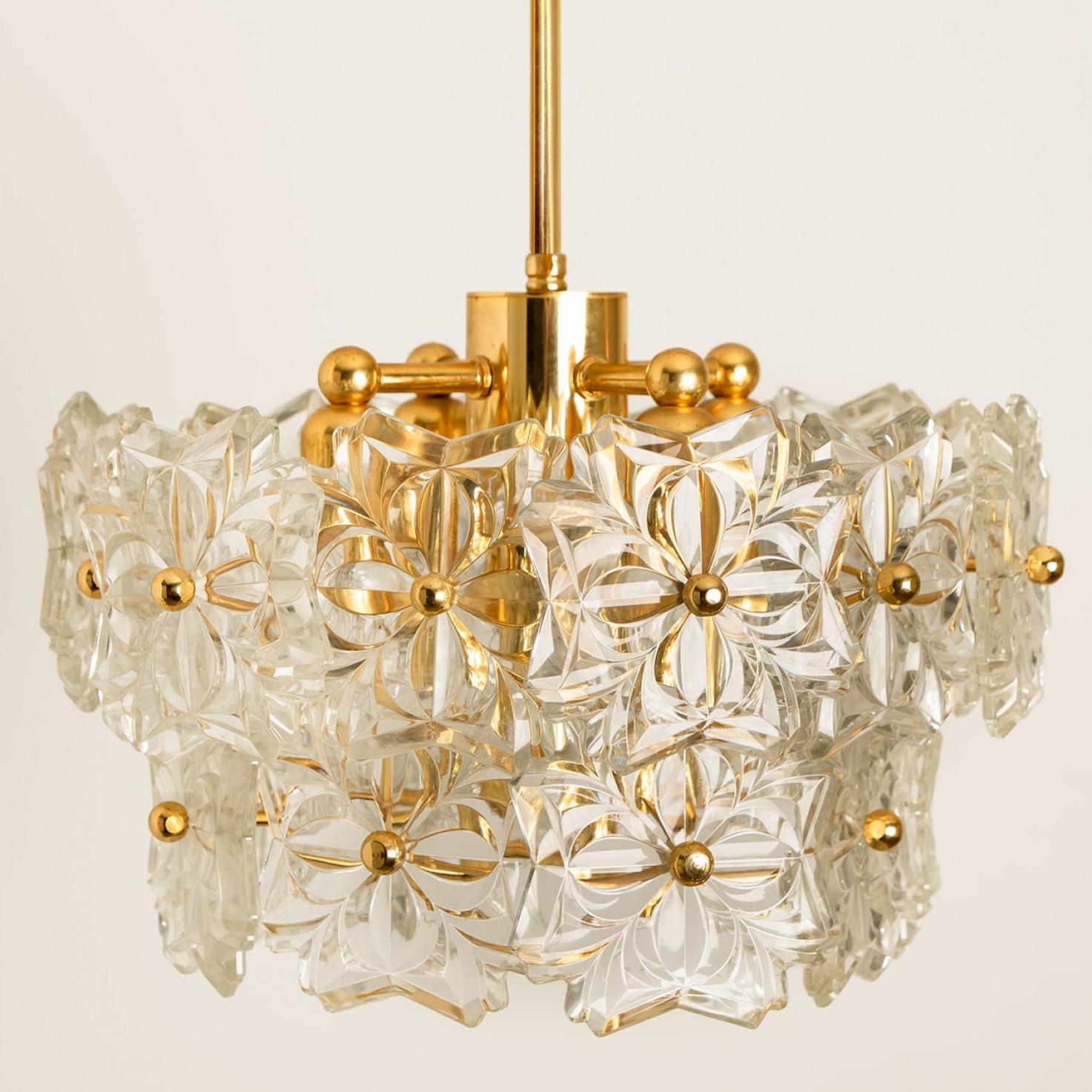 Mid-20th Century 1 of the 2 Glass and Brass Floral Two Tiers Light Fixtures, 1960s For Sale
