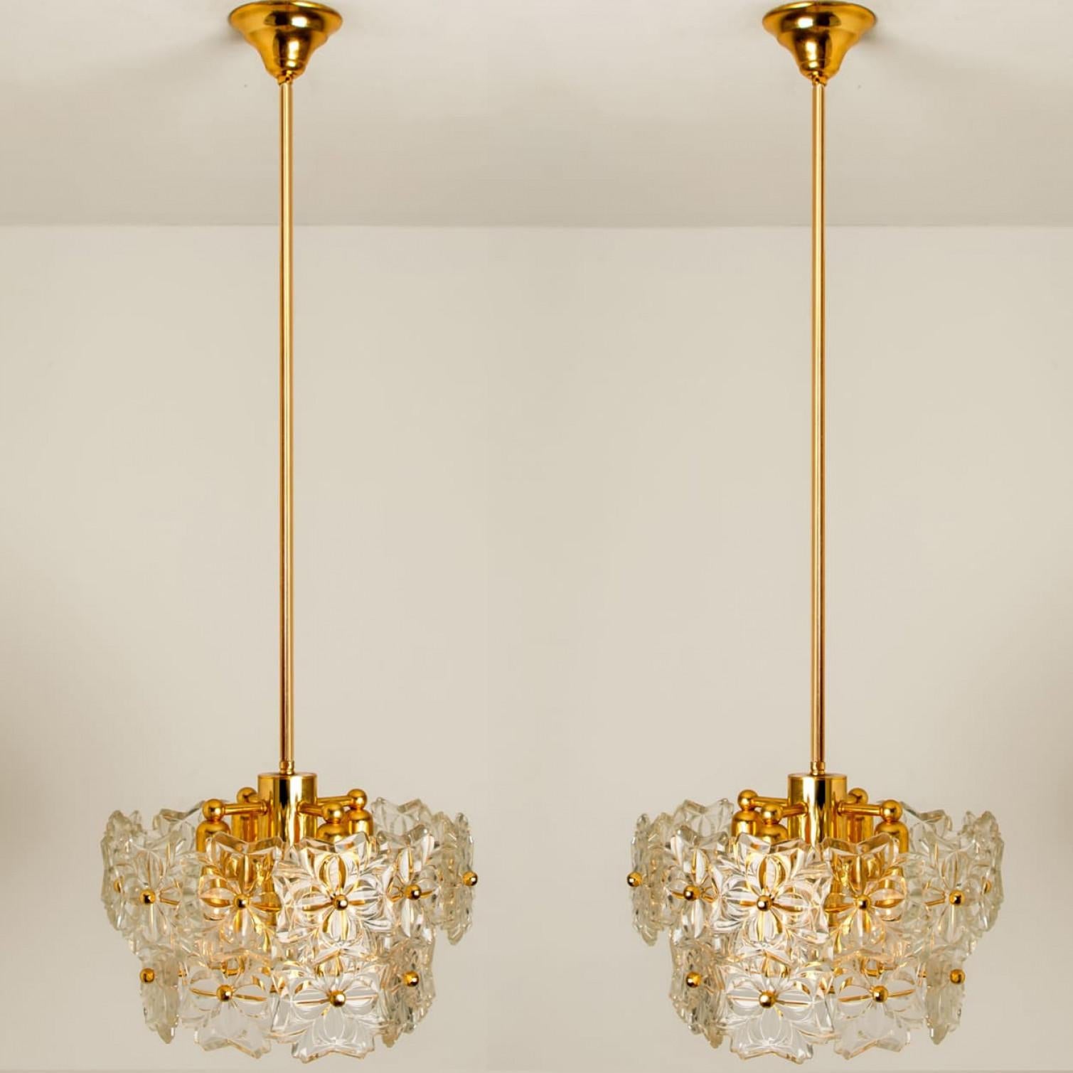 1 of the 2 Glass and Brass Floral Two Tiers Light Fixtures, 1960s For Sale 1