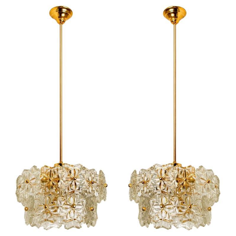 1 of the 2 Glass and Brass Floral Two Tiers Light Fixtures, 1960s