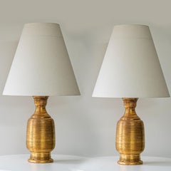 1 of the 2 Gold Glazed Ceramic Curved Lamps, Custom Lampshade by R. Houben