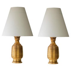 1 of the 2 Gold Glazed Ceramic Curved Lamps, Custom Lampshade by R. Houben