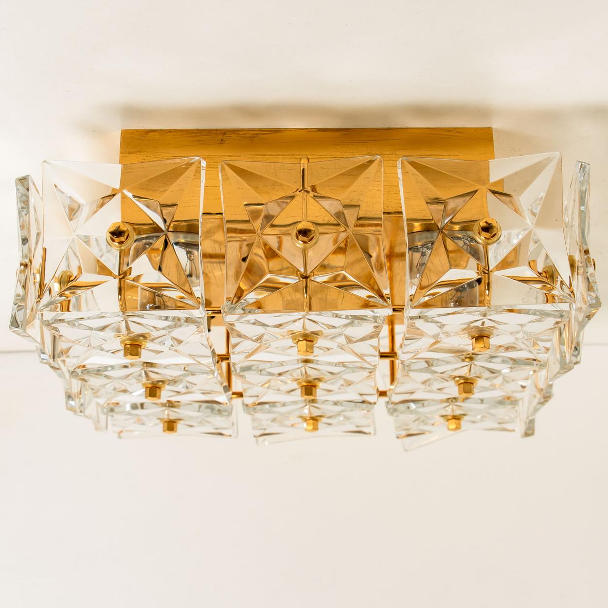 Faceted 1 of the 2 Gold-Plated Kinkeldey Crystal Glass Wall Lights or Flush Mount 1970s For Sale