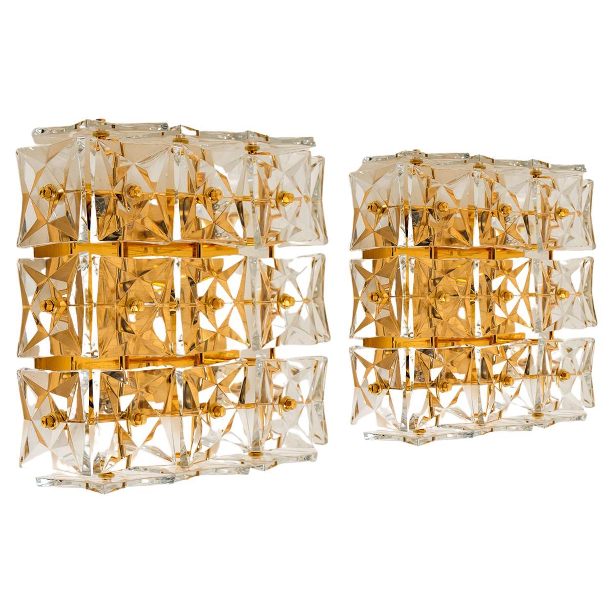 1 of the 2 Gold-Plated Kinkeldey Crystal Glass Wall Lights or Flush Mount 1970s For Sale