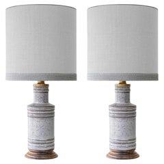 1 of the 2 Gray Ceramic Lamps, Custom Neutral Lampshades by R. Houben
