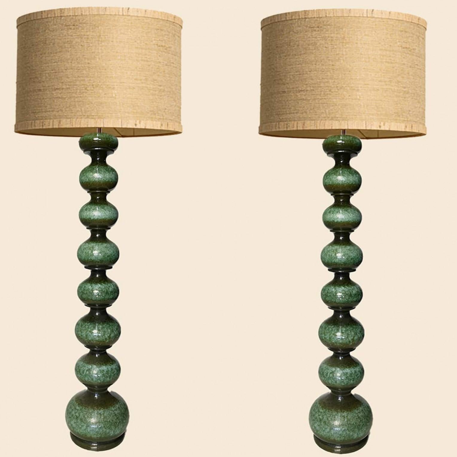 Exceptional ceramic bubble floor lamp by Kaiser, Europe, Germany, 1960s.

Beautiful sculptural piece handmade ceramic in rich glazed green tones.

With special new custom made  silk lamp shade with neutral fabric, illuminates beautifully.

Please