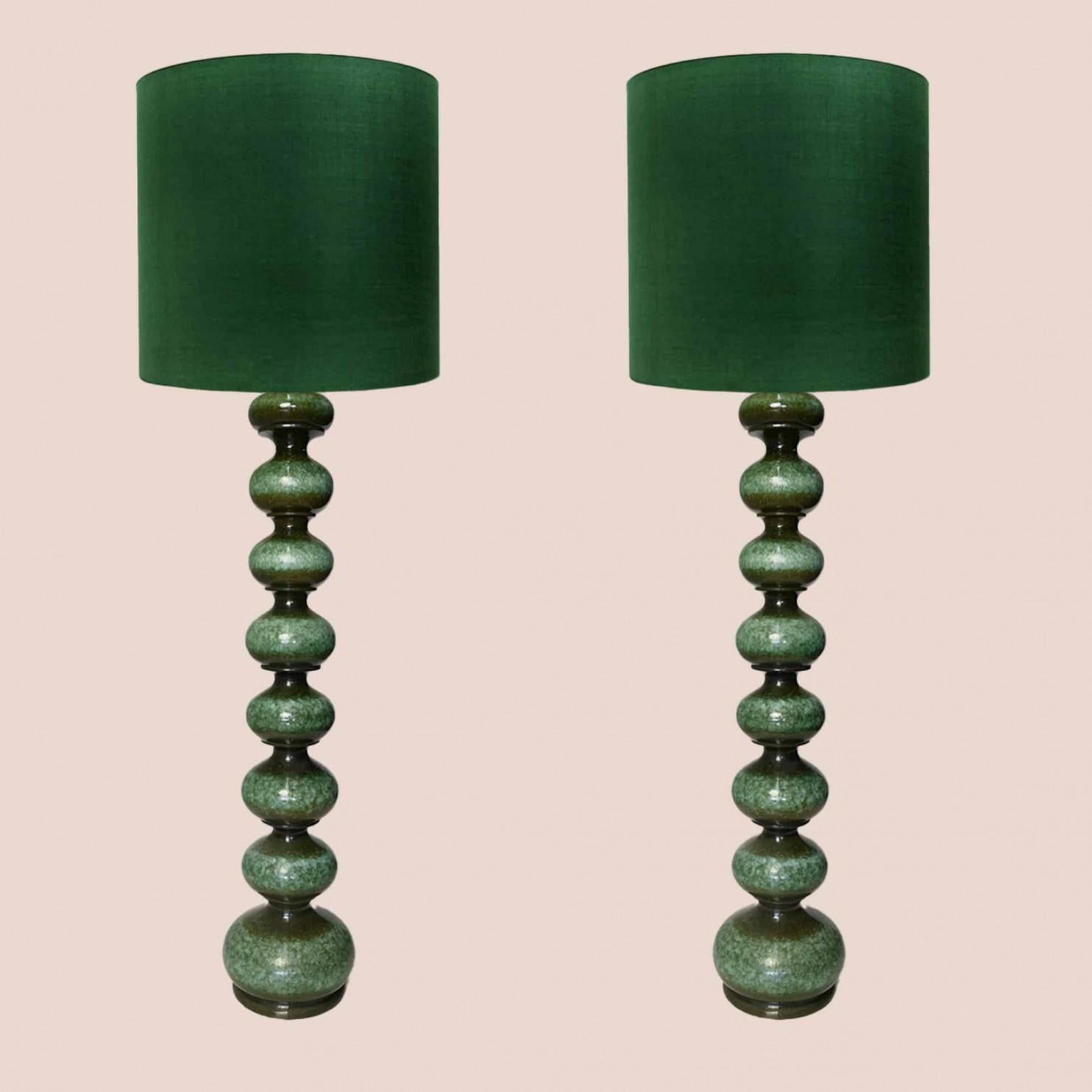 Hand-Crafted 1 of the 2 green Ceramic Floorlamps with New Silk Lampshade, Kaiser For Sale