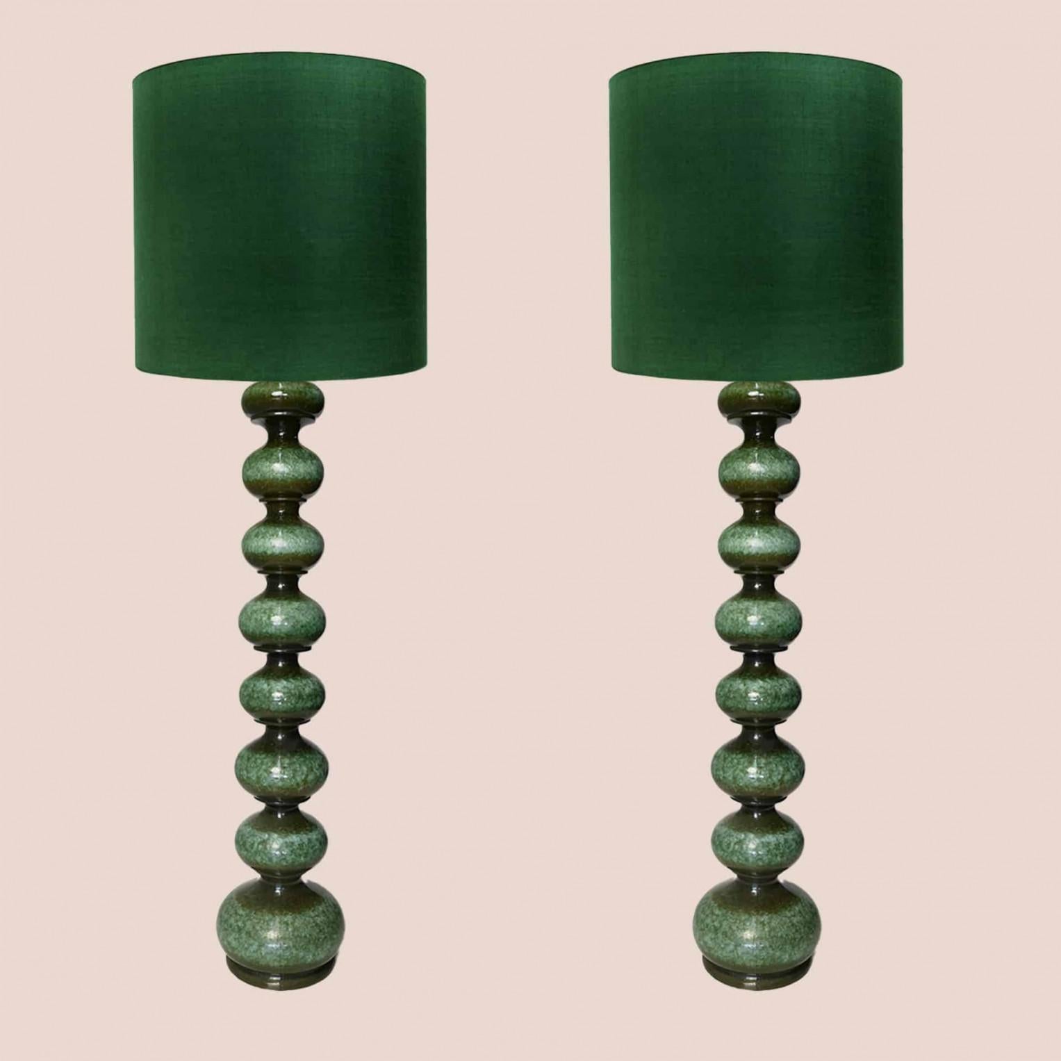Fait main 1 of the 2 green Ceramic Floorlamps with New Silk Lampshade, Kaiser en vente