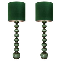 1 of the 2 green Ceramic Floorlamps with New Silk Lampshade, Kaiser
