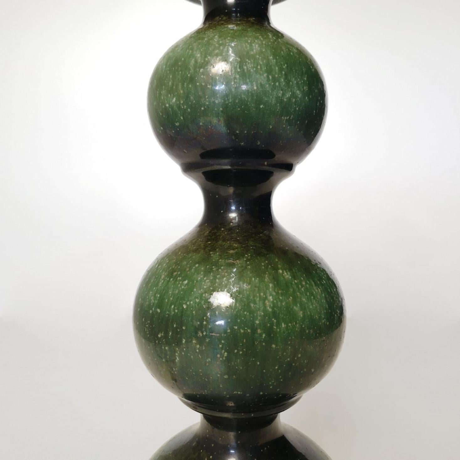 Mid-Century Modern 1 of the 2 green Ceramic Floorlamps with New Silk Lampshade R. Houben, Kaiser For Sale
