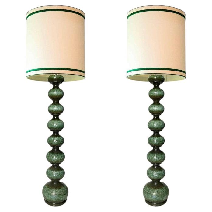 1 of the 2 green Ceramic Floorlamps with New Silk Lampshade R. Houben, Kaiser