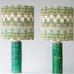 1 der 2 grünen Keramiklampen, individueller mehrfarbiger Lampenschirm von R. Houben