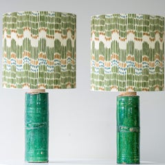 1 of the 2 Green Ceramic Lamps, Custom Multicolor Lampshade by R. Houben