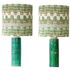 1 of the 2 Green Ceramic Lamps, Custom Multicolor Lampshade by R. Houben