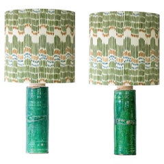 1 of the 2 Green Ceramic Lamps, Custom Multicolor Lampshade by R. Houben