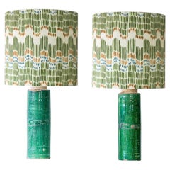 1 of the 2 Green Ceramic Lamps, Custom Multicolor Lampshade by R. Houben