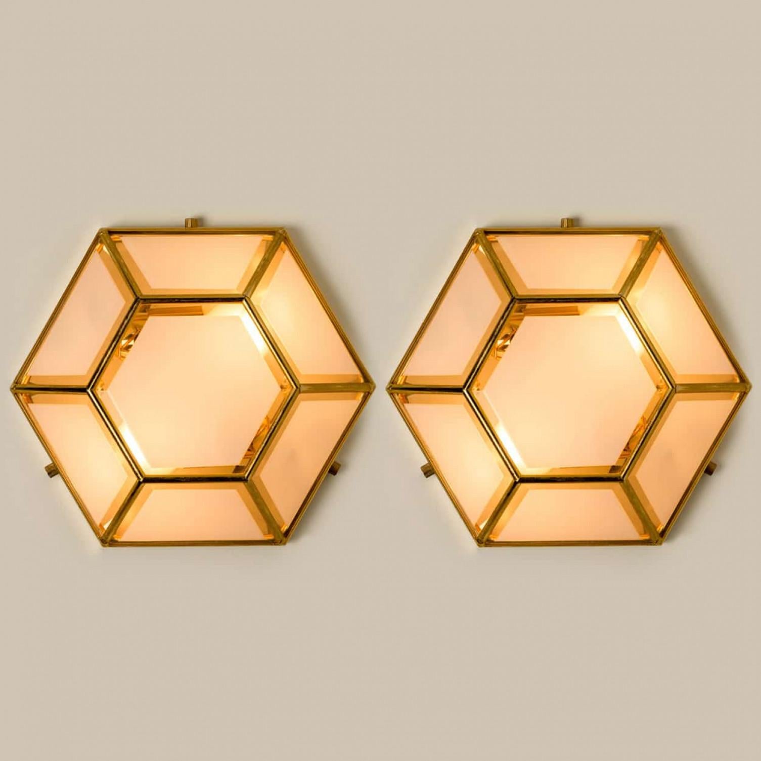 German 1 of the 2 Hexagonal Brass Glass Lights, Glashütte Limburg, 1970's For Sale