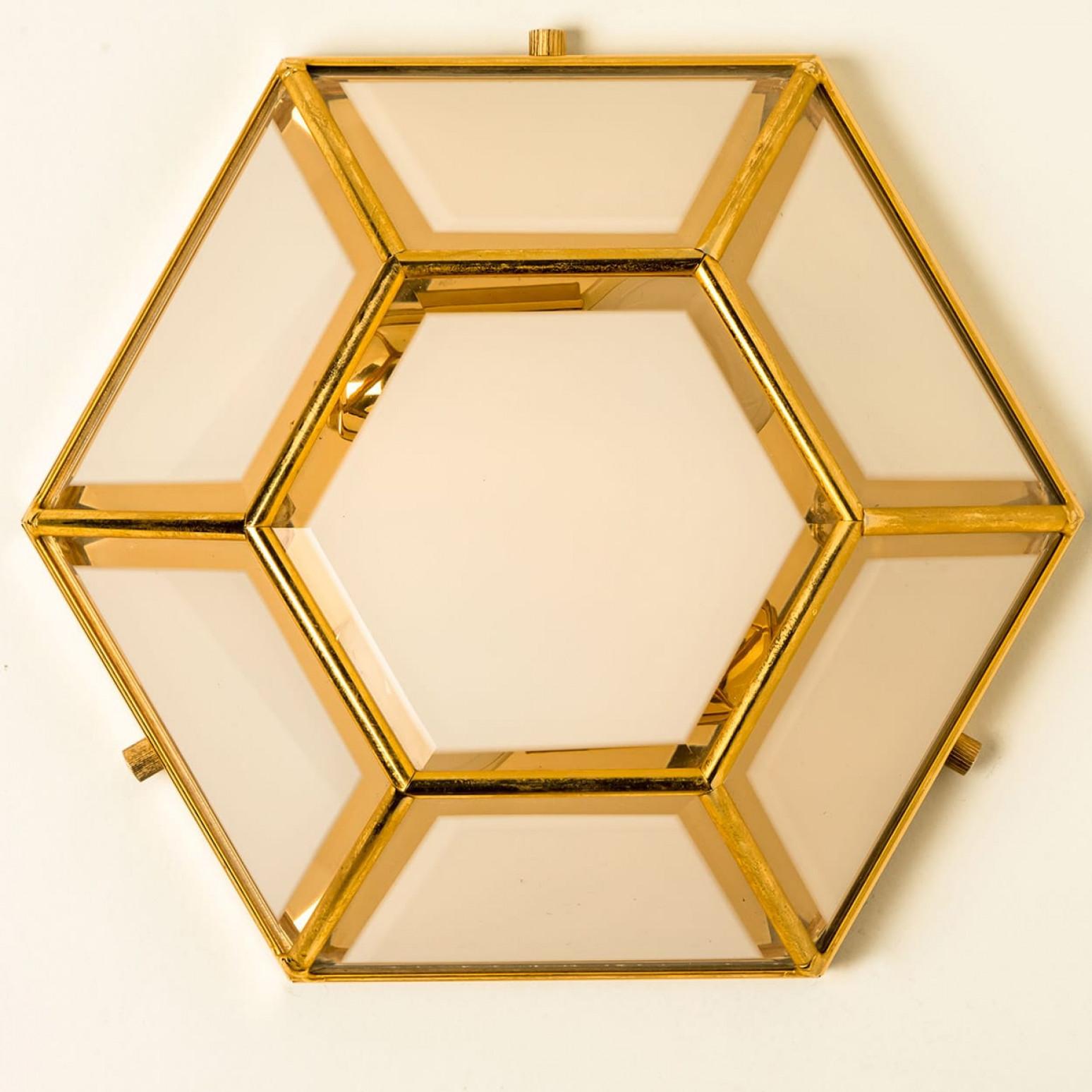Other 1 of the 2 Hexagonal Brass Glass Lights, Glashütte Limburg, 1970's For Sale