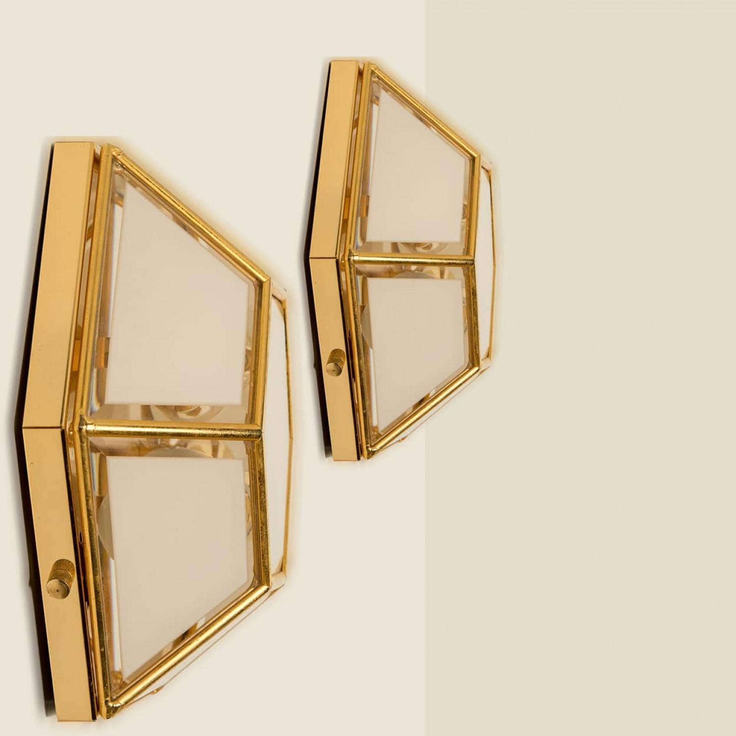 Mid-20th Century 1 of the 2 Hexagonal Brass Glass Lights, Glashütte Limburg, 1970's For Sale